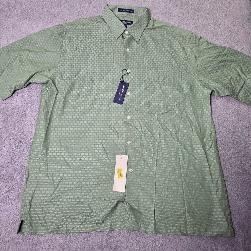 Austin Reed Mens L Short Sleeve Button Down Sage Green Geometric Dobby Cotton